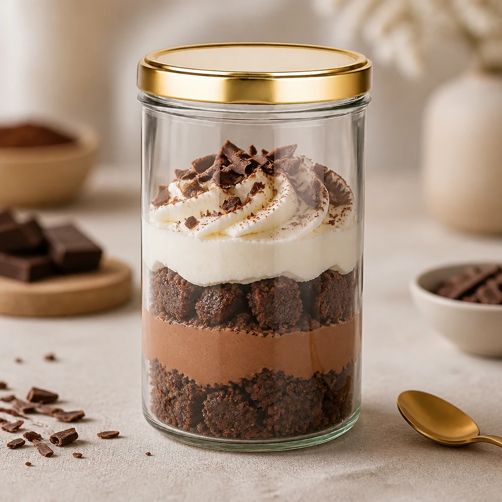 277ml tumblery s víčkem BasicSeal zlaté UNiTWIST s bezpečným uzávěrem. 277ml Sturzglas mit goldenem UNiTWIST Deckel als Dessertglas für Schokoladen-Tiramisu mit Sahne und Kakao