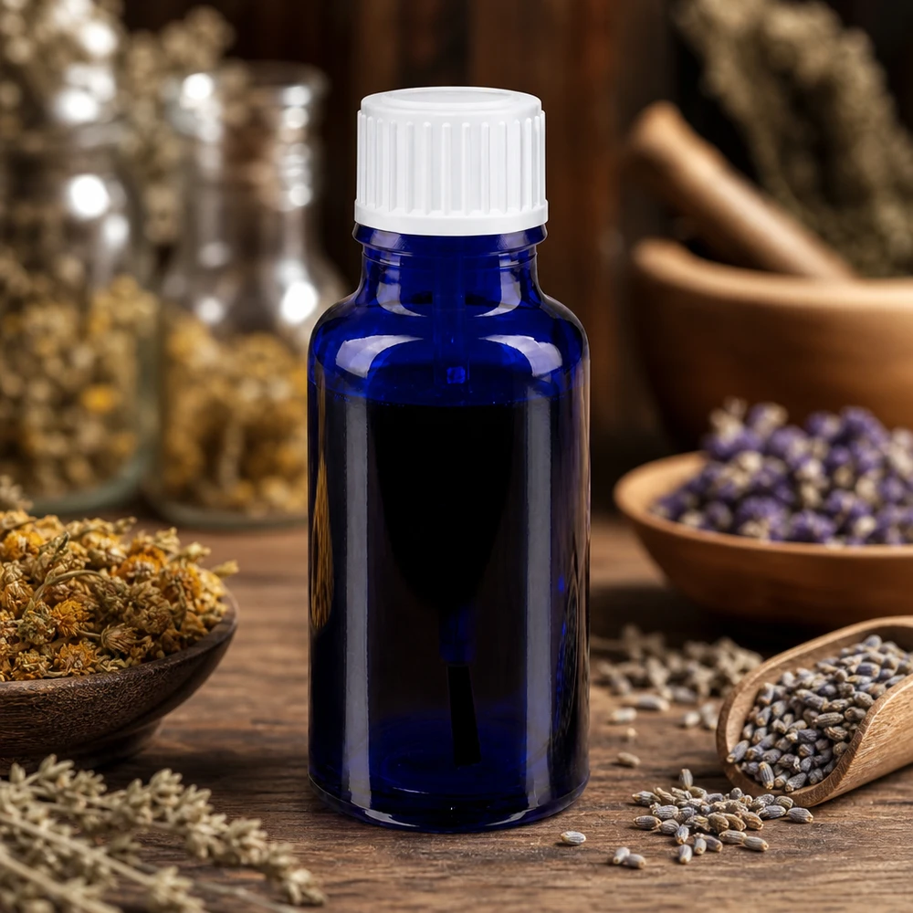 Apothekerglas blau 20ml mit Lavendelblüten Kamille und Holzmörser im Hintergrund