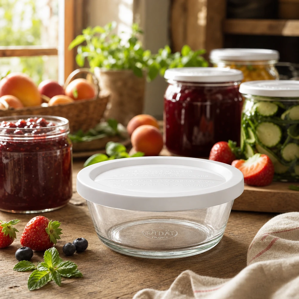 Gurmánská sklenice o objemu 300 ml s čerstvým víčkem. WECK RR120 WECK Gourmetglas RR120 in gemütlicher Küche mit Einmachgläsern und frischen Früchten für moderne Vorratshaltung
