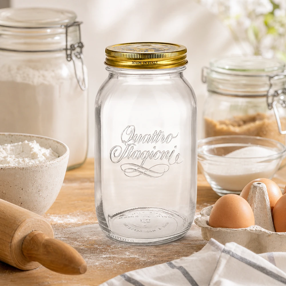 1500ml kulatá sklenice "Quattro Stagioni" s víčkem Quattro Stagioni 1500ml Einmachglas in Backstube mit Mehl Eiern Nudelholz italienisches Konservenglas Küchenutensilien