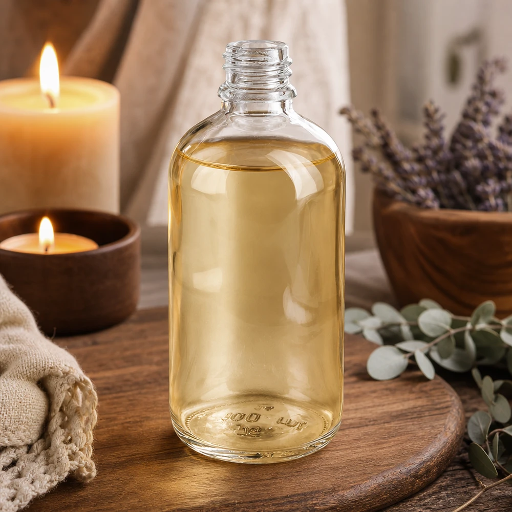 100ml lékárenská láhev ClearLine UT18/100 UNiTWIST 100ml Apothekerflasche ClearLine auf rustikalem Holztablett mit Naturkräutern und Kerzenlicht