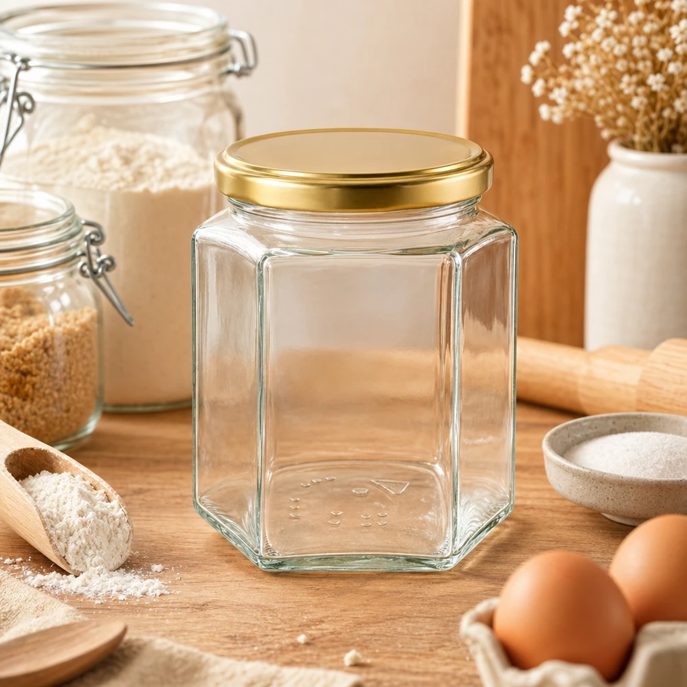 500g Honigglas mit goldenem Deckel BasicSeal UNiTWIST Leeres 500g Honigglas BasicSeal UT sechseckig mit goldenem Deckel in gemütlicher Küchenumgebung Mehl Eier Holz