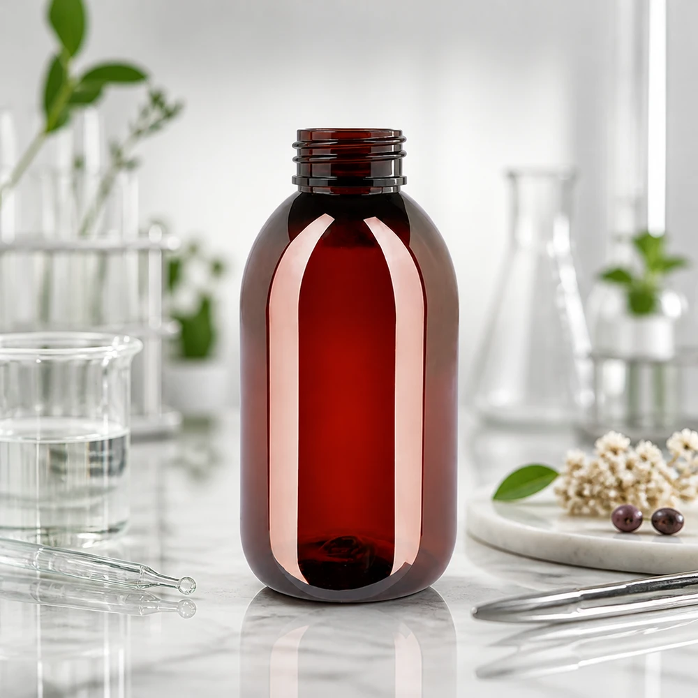 PET láhev 250ml s bílým rýhovaným uzávěrem s možností manipulace. Hnědá PET láhev o objemu 250 ml s rýhovaným bílým obalem v laboratoři na mramoru