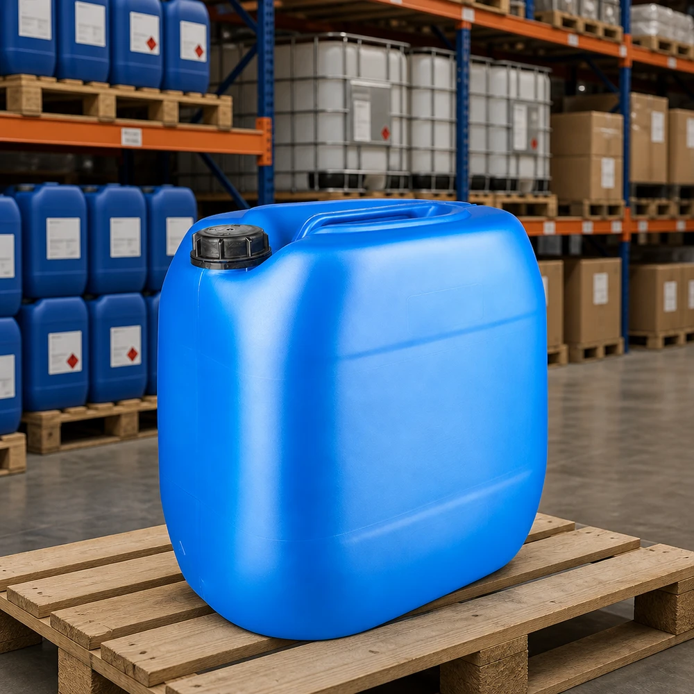 Kanystr Jerrycan 30 litrů modrý se šroubovacím uzávěrem s pojistkou proti otevření. Blauer 30-Liter-Kanister mit Schraubverschluss OV für Chemikalien im Hochregallager