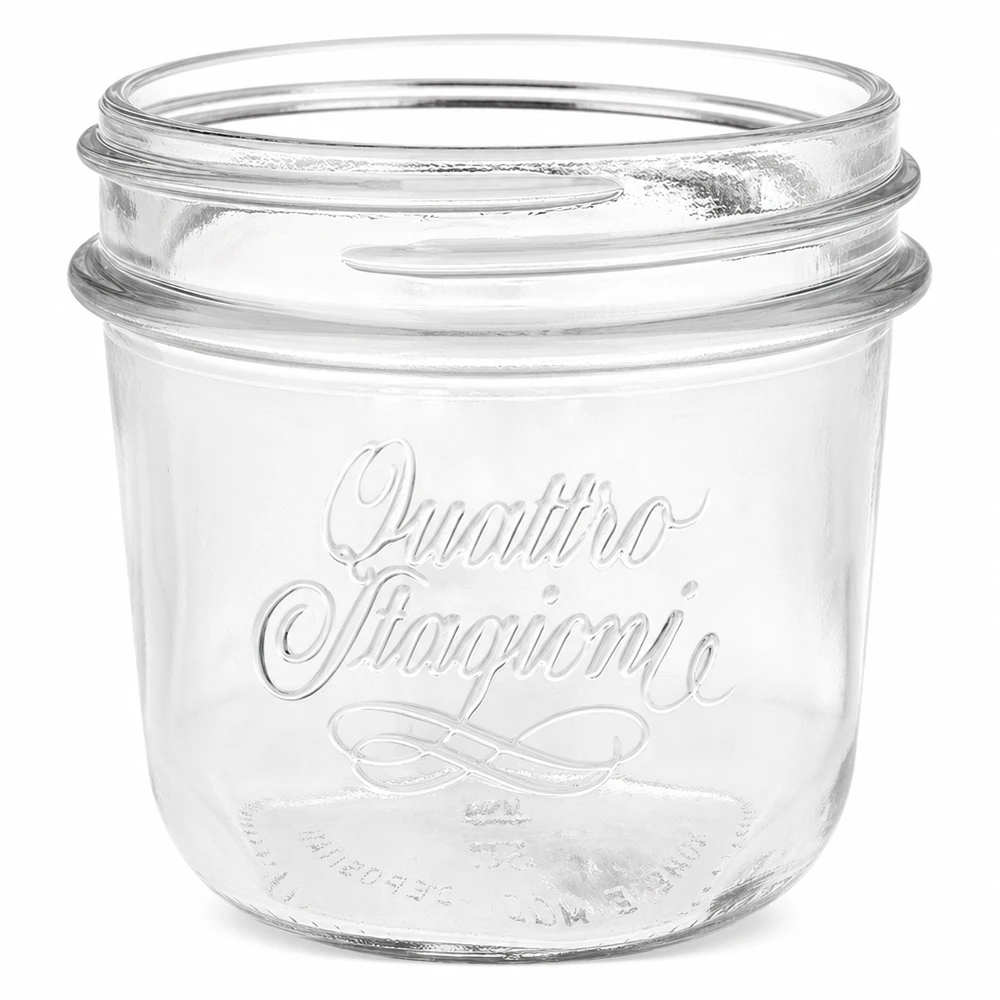 200ml kelímky "Quattro Stagioni" QS86mm. 200ml Quattro Stagioni Einmachglas aus klarem Glas mit geprägtem Logo ohne Deckel für Konservierung und Aufbewahrung