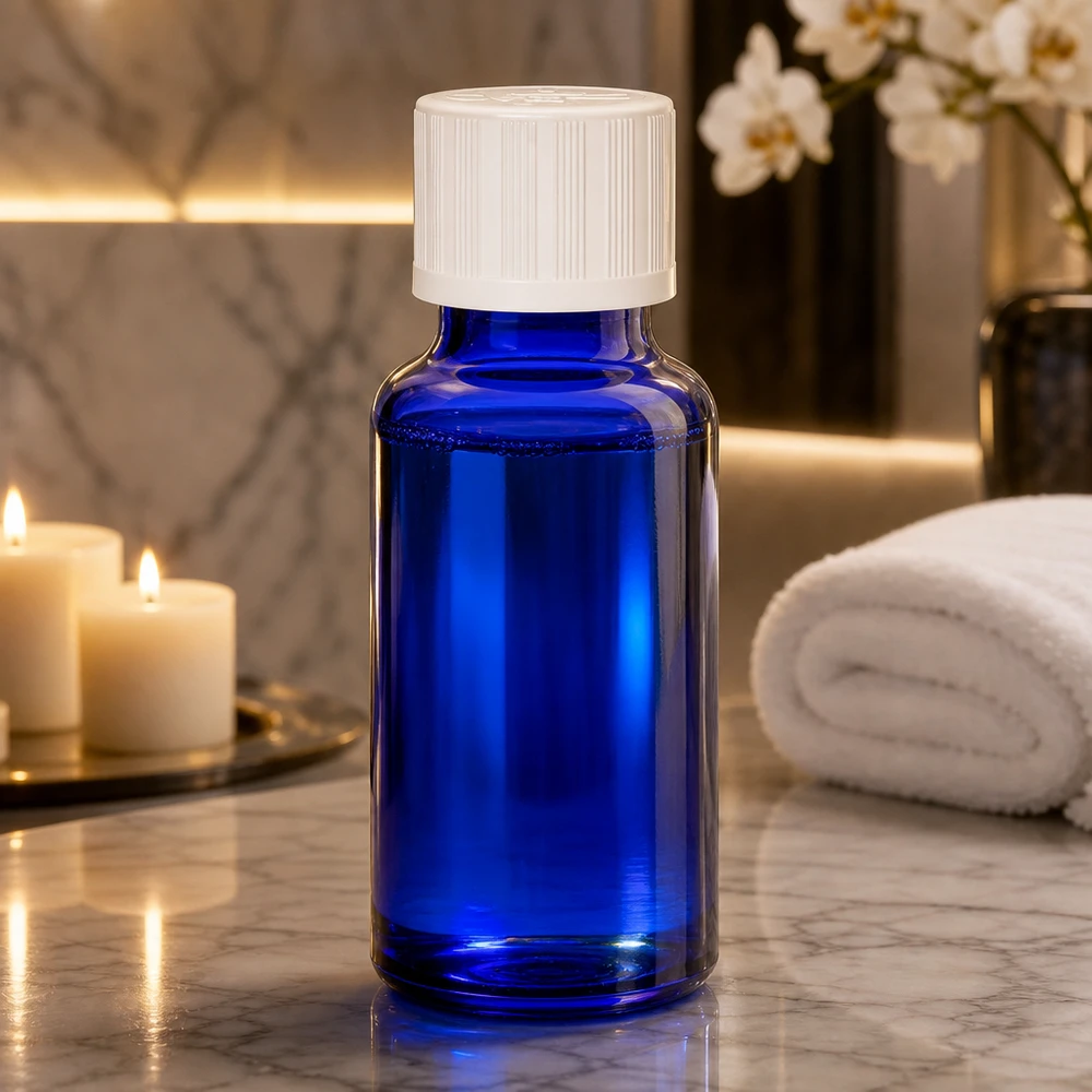 Lékárenská lahvička modrá 20ml šroubovací uzávěr bílý standard odolný proti otevření dětmi. UV-schützende blaue Glasflasche 20ml mit weißem Verschluss für Kosmetik und Naturheilkunde