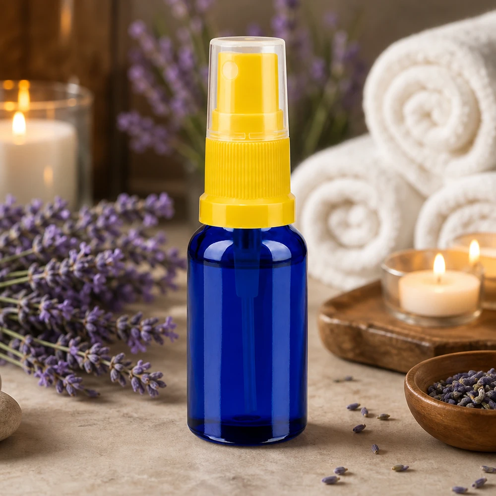 20ml lahvička s rozprašovačem žlutá/transparentní standardní uzávěr BlueLine UT18/20 20ml Flasche mit gelbem Sprühaufsatz STD BlueLine UT18/20 für Wellness Produkte