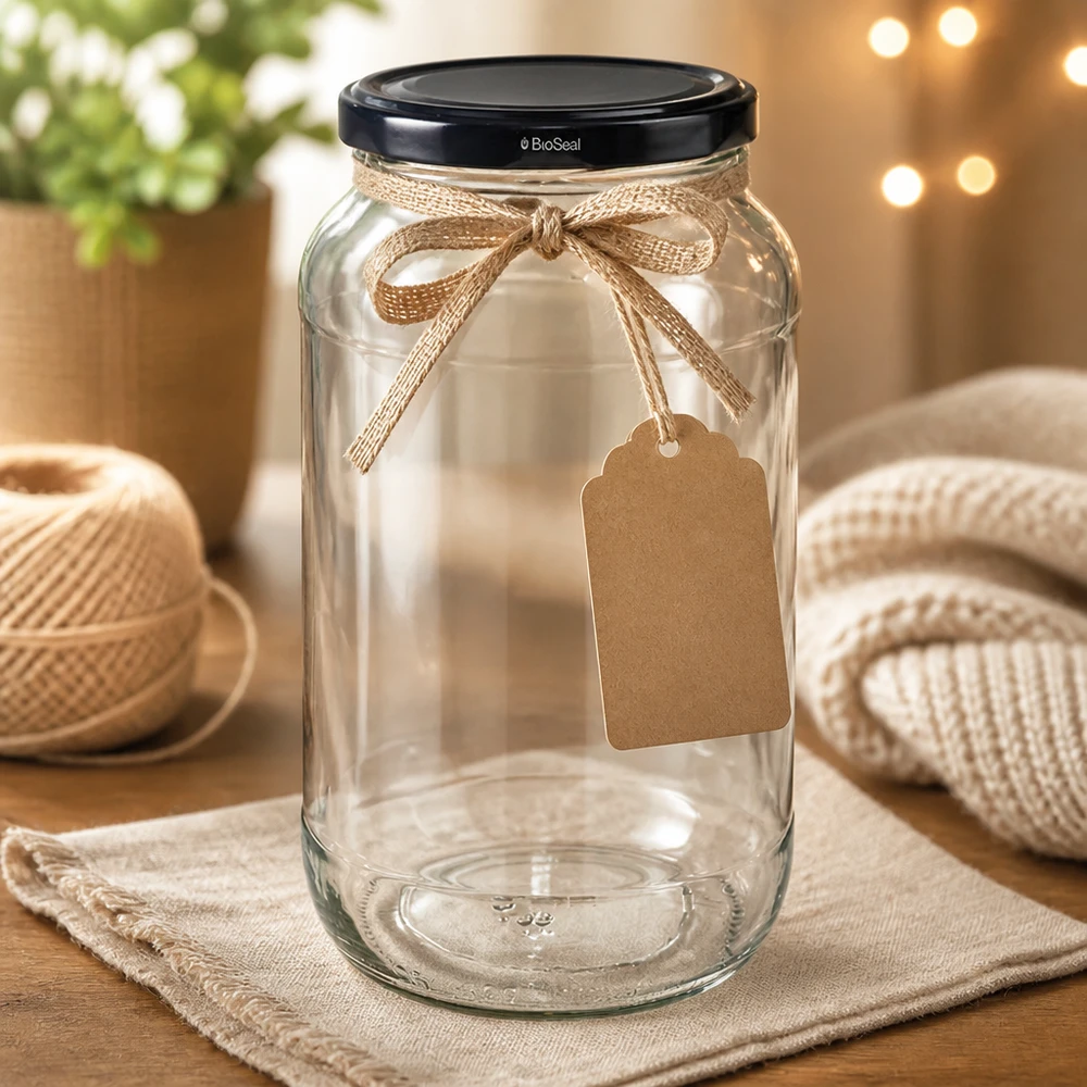 Kulatá nádoba o objemu 1062 ml s černým víkem UNiTWIST BioSeal. UNiTWIST Rundglas 1062 mit schwarzem TO82 BioSeal Deckel dekoriert mit Juteband und Geschenkanhänger Bastel-DIY
