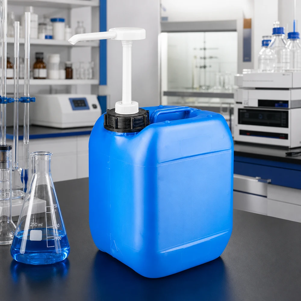 Kanystr 5 litrů modrý s dávkovacím čerpadlem Blauer Vorratsbehälter 5 Liter mit integrierter Dosierpumpe und stabilem Griffbügel oben