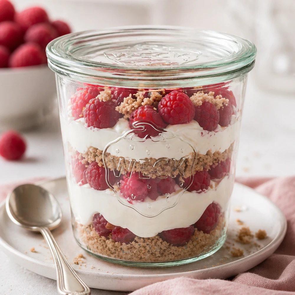 WECK Sturzglas 580ml RR100 als Dessertglas mit Himbeer-Schichtdessert und Streuseln dekorativ angerichtet