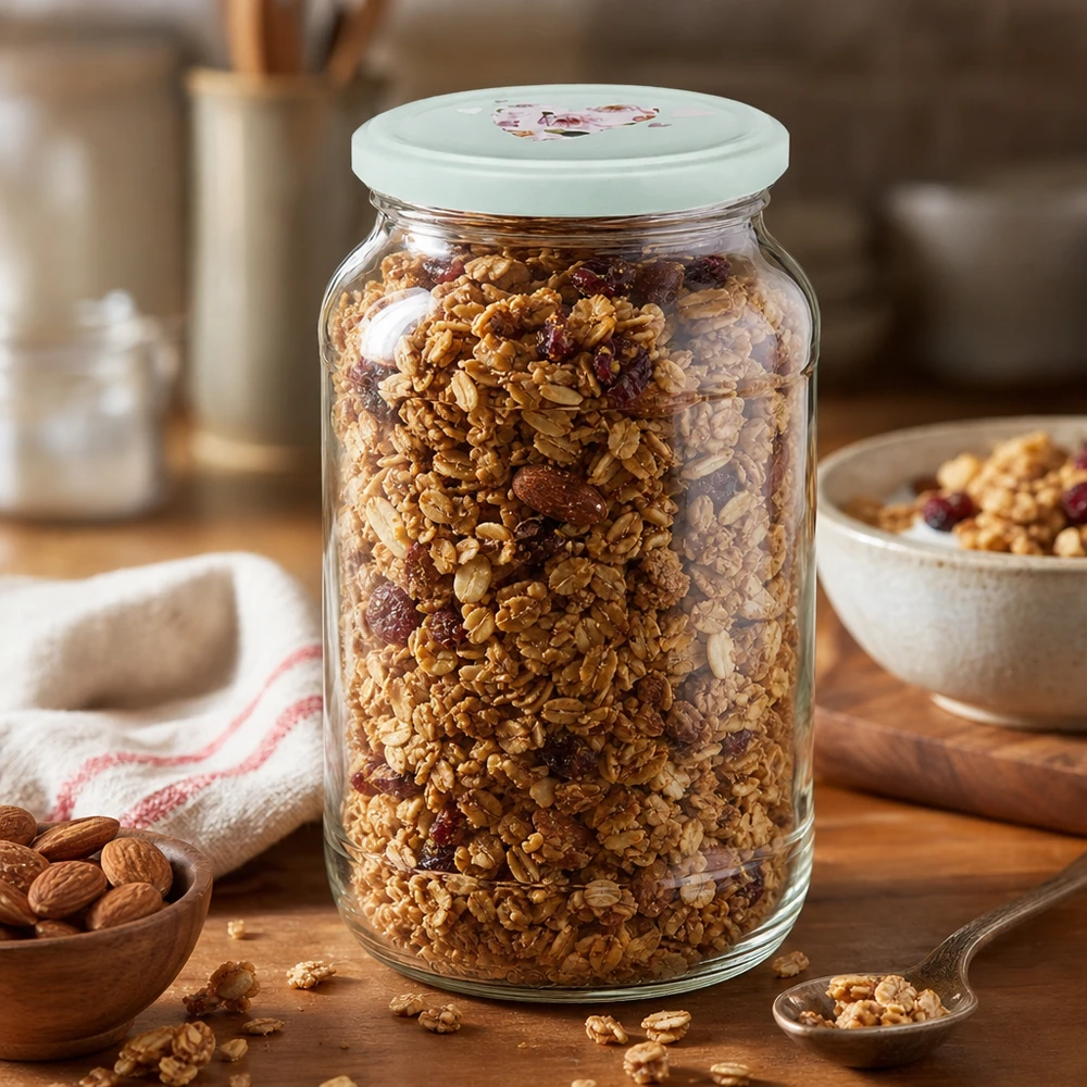 1062ml kulatá sklenice + víčko BasicSeal srdíčková máta UNiTWIST Selbstgemachtes Müsli mit Nüssen im 1062ml Rundglas mit mintgrünem Herz-Deckel für gesunde Frühstücksaufbewahrung