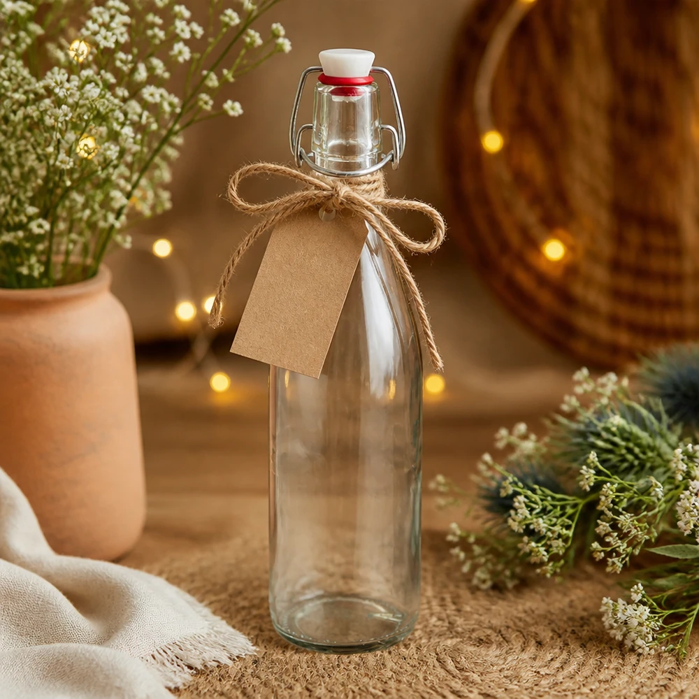 Skleněná láhev 500ml + otočný vršek z porcelánu UNiTWIST - zde. Glasflasche 500ml Bügelverschluss Porzellan als Geschenk mit Kraftpapier-Anhänger und Juteschnur dekoriert