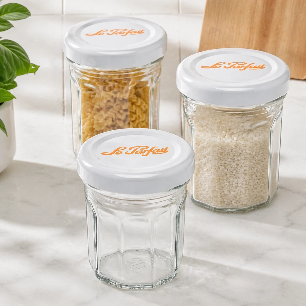 44ml Mini-Sturzglas "Jam" mit Schraubdeckel Le Parfait® Le Parfait Mini-Sturzgläser 44ml Set mit weißen Deckeln - eines leer, zwei gefüllt mit Reis und Nudeln