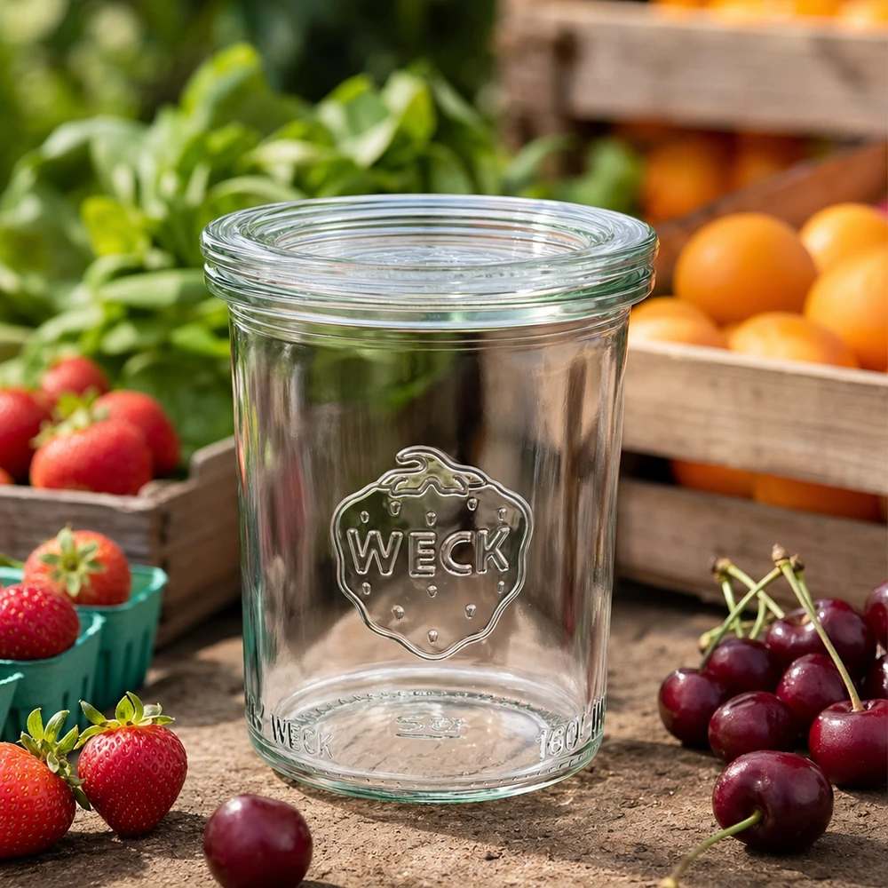 160ml zavařovací sklenice se skleněným víčkem WECK RR60 WECK Sturzglas RR60 160ml leer auf Holztisch mit frischen Kirschen, Erdbeeren und Orangen für Einmachen