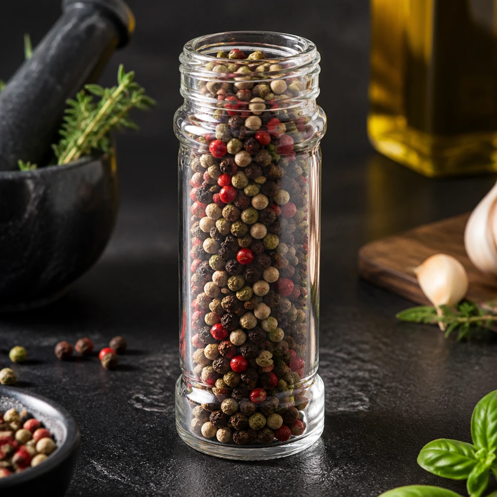 Sklenice na sůl/koření Mary 100 ml, závit 41 mm z čirého skla Bauchiges Klarglas Mary 100ml mit Gewinde in moderner dunkler Küchenszenerie