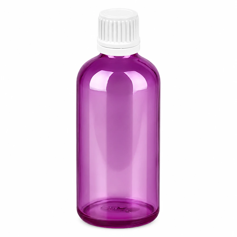 Violette Apothekerflasche 100ml Volumen mit kindersicherem weissem Verschluss 11mm