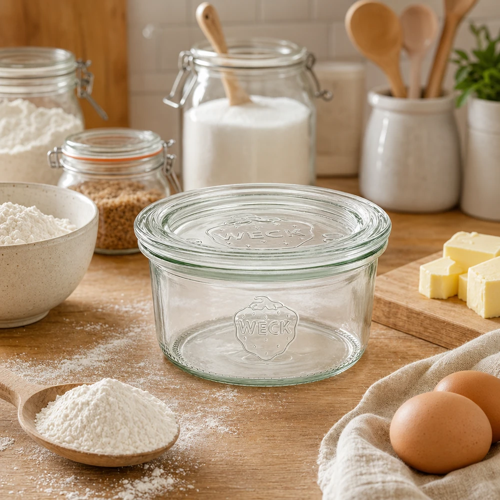 WECK Sturzglas 165ml RR80 leer auf Holzbrett umgeben von Backzutaten wie Mehl Eiern Butter in Küche
