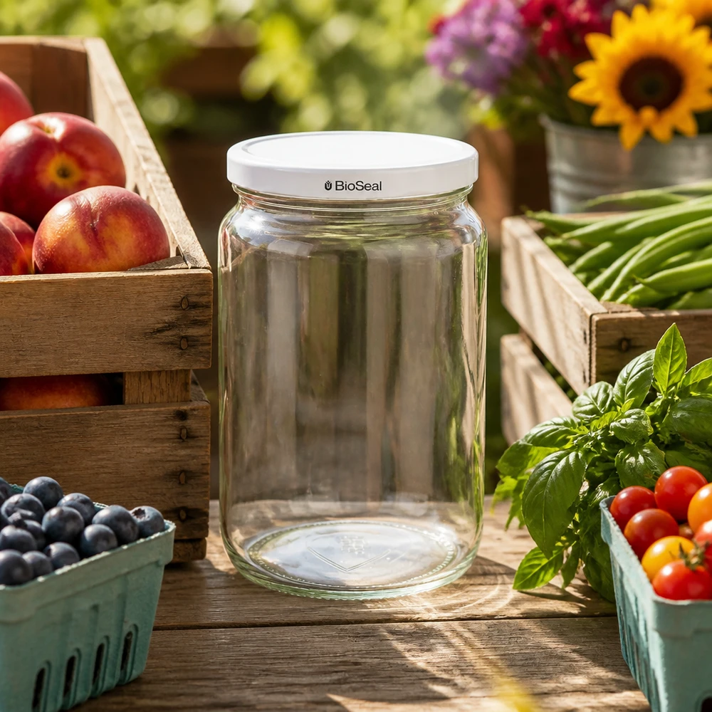 UNiTWIST Runda795 leeres Einmachglas mit weißem BioSeal Deckel auf Holztisch zwischen frischem Obst und Gemüse