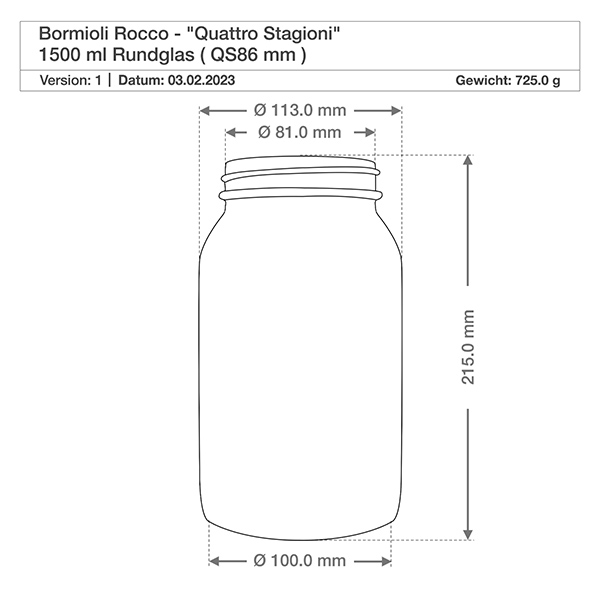 1500ml kulatá sklenice "Quattro Stagioni" s víčkem Technische Zeichnung Bormioli Rocco Quattro Stagioni 1500ml Rundglas - Maße und Spezifikationen für Einmachglas