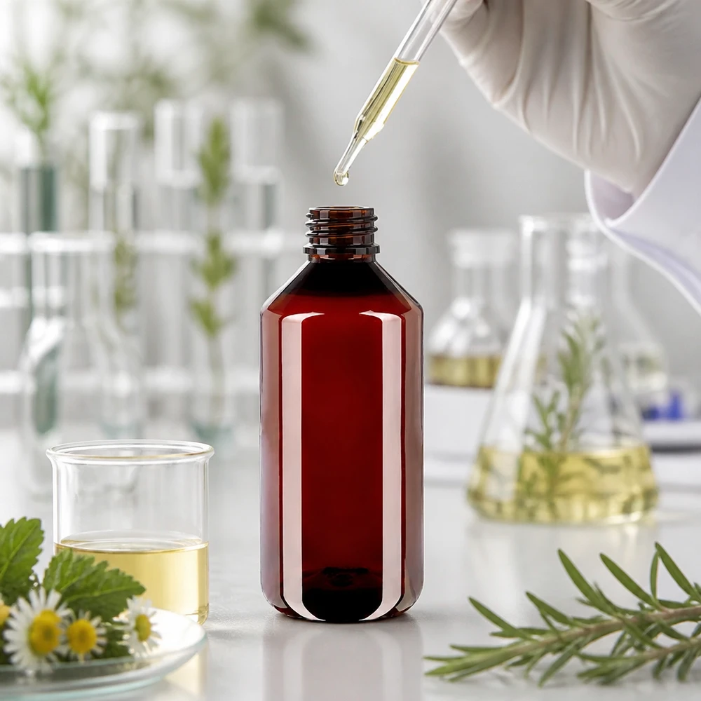 Hnědá PET láhev o objemu 1000 ml se zeleným uzávěrem v laboratoři s bylinnými extrakty