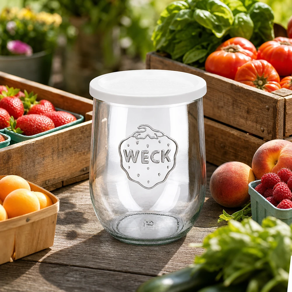 WECK Tulpenglas 1062ml mit Frischedeckel zwischen frischem Obst und Gemüse auf Holztisch im Freien dekoriert