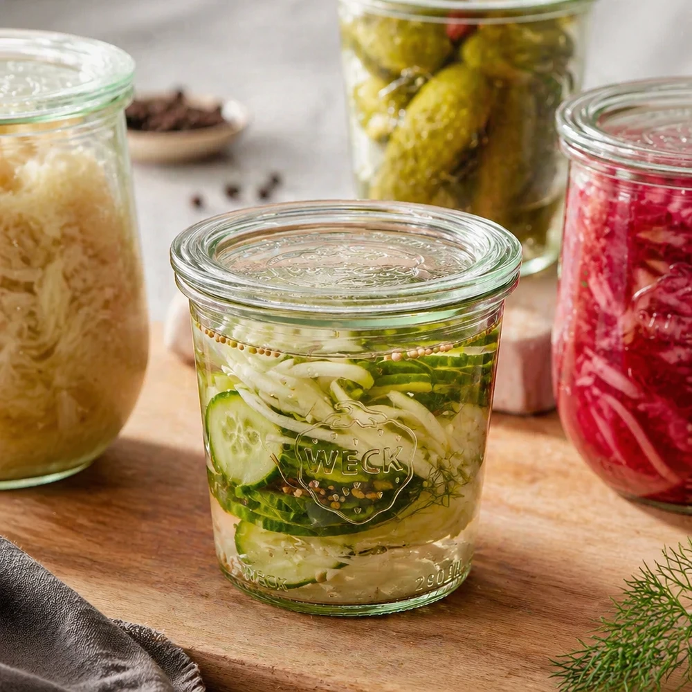 WECK Sturzglas 290ml RR80 mit eingelegten Gurken und Kräutern neben weiteren gefüllten Einmachgläsern auf Holzbrett