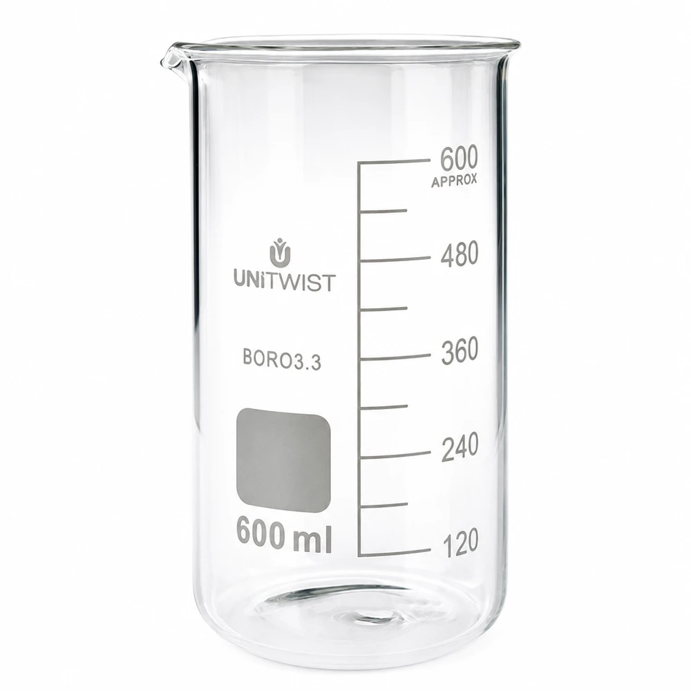 Kádinka 600 ml borosilikátová, vysoká forma UNiTWIST Messbecherglas 600ml hohe zylindrische Form Borosilikat Labor Glas mit Skalierung UNITWIST