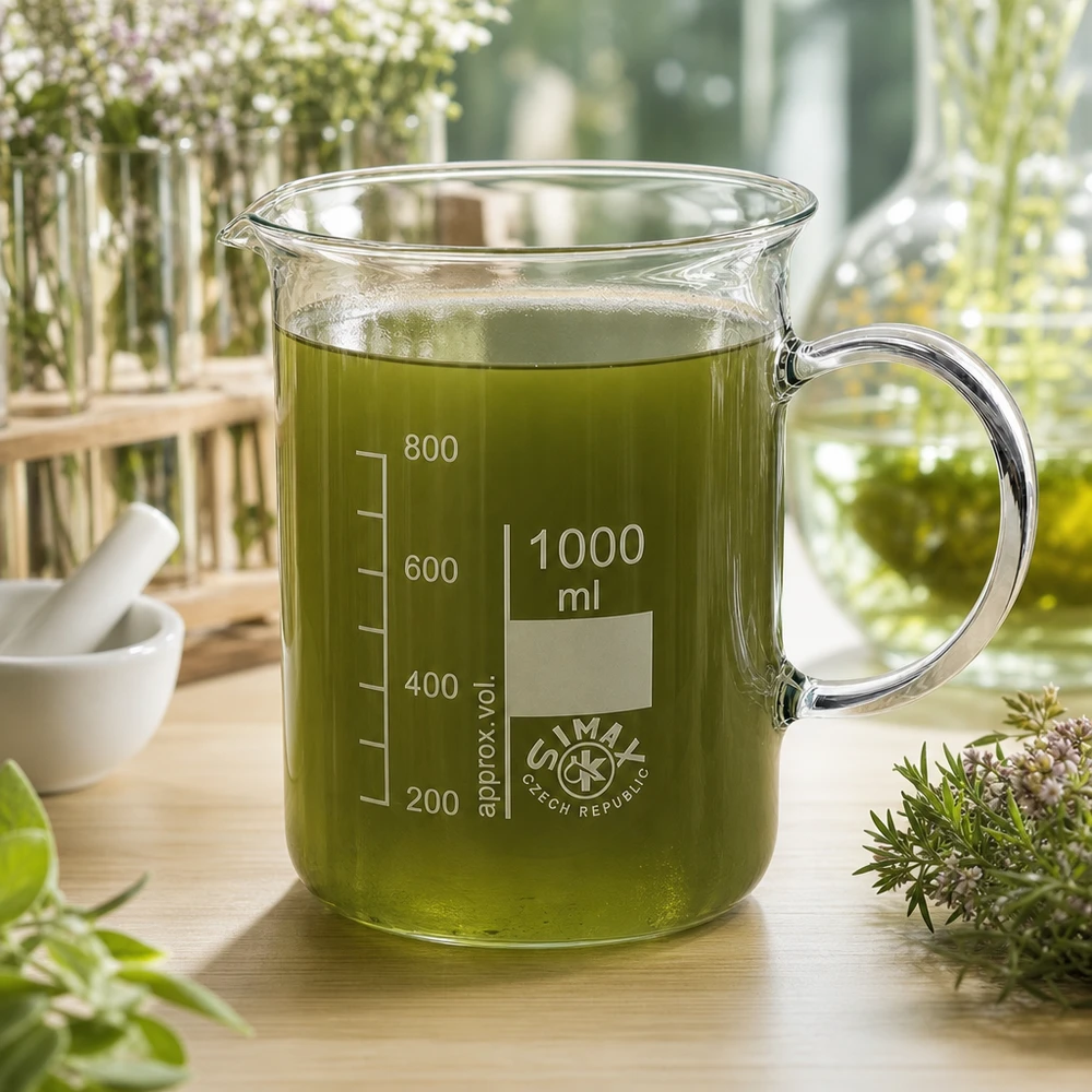 Kádinka 1000ml z borosilikátového skla, s rukojetí Simax Becherglas 1000ml mit sichtbarer Messskala gefüllt mit grünem Pflanzenextrakt