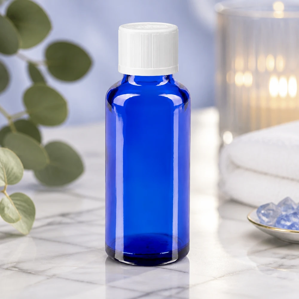 Zylindrische 30ml Blauglasflasche mit Präzisionstropfer für Serum Tinktur oder Aromaöl