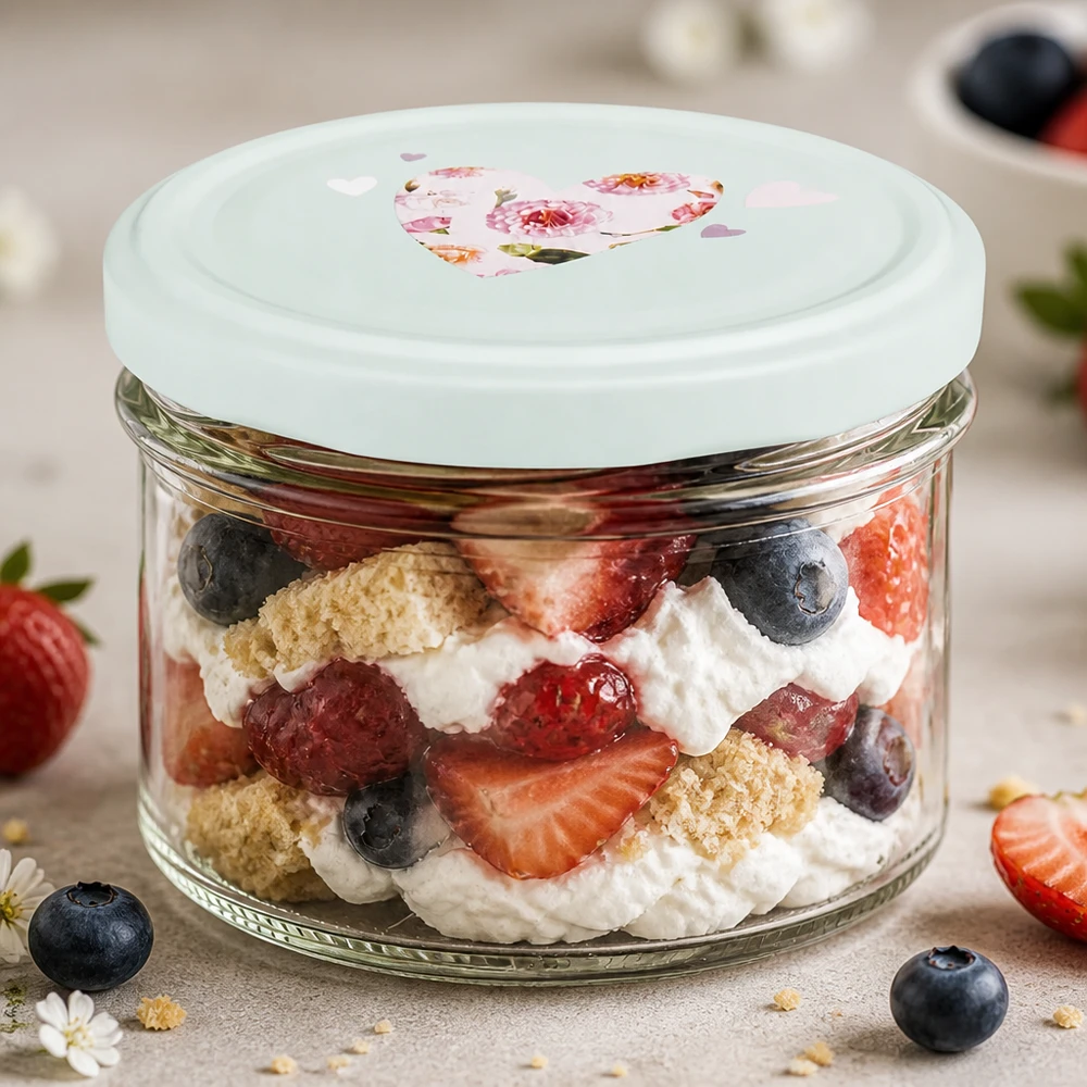 Sturzglas 225ml mit Schichtdessert aus Beeren und Sahne zeigt vielseitige Verwendung des mint BasicSeal Deckels