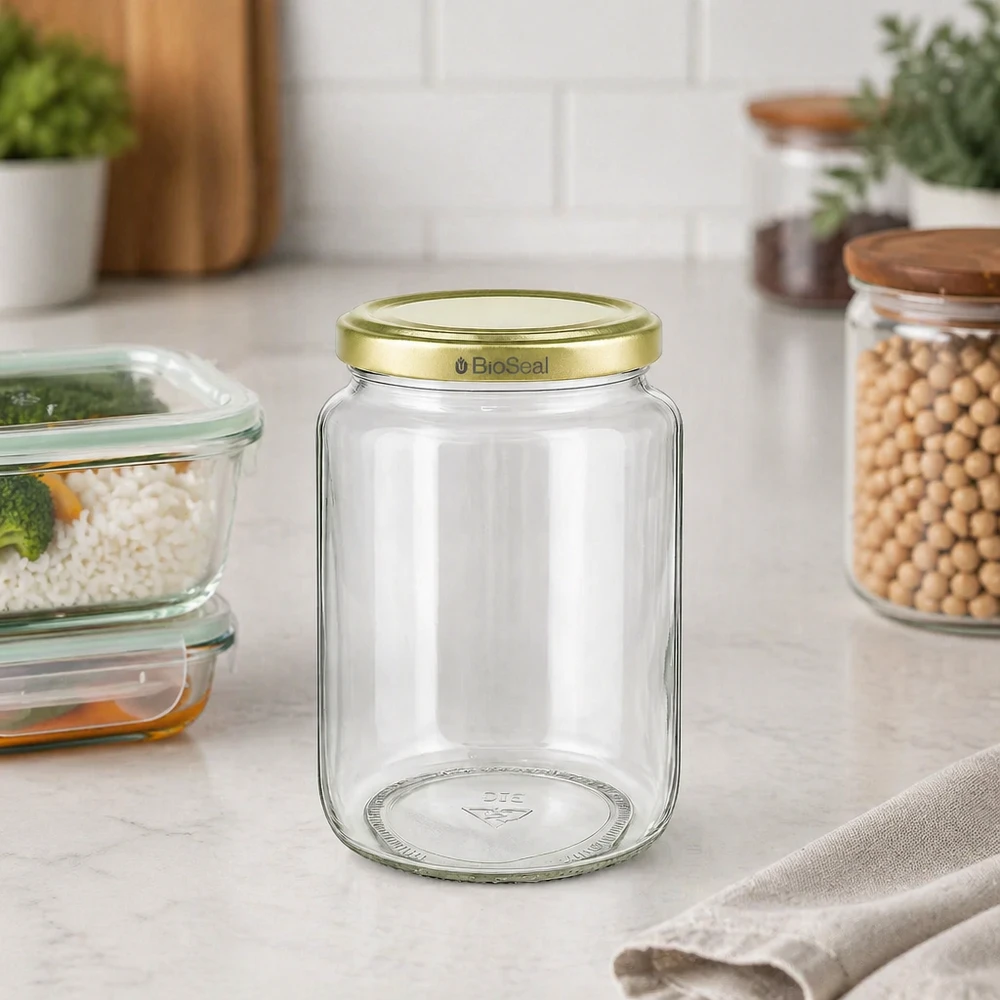 1000g Honigglas mit goldenem Deckel BioSeal UNiTWIST 1000g BioSeal Honigglas leer mit goldenem Schraubdeckel auf Küchenarbeitsplatte neben Vorratsgläsern mit Kichererbsen