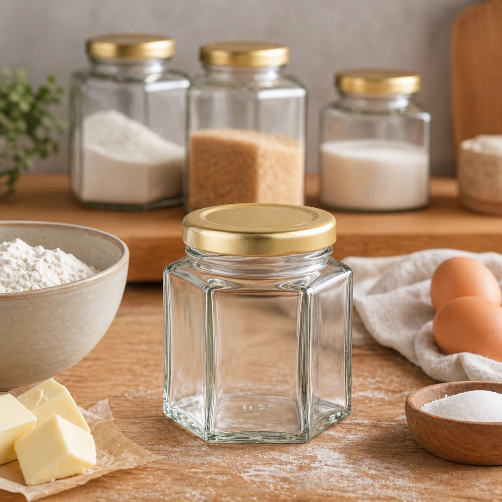 60g Honigglas mit goldenem Deckel BasicSeal UNiTWIST 60g Honigglas sechseckig leer in Küchenszene mit Backzutaten Mehl Eiern Butter und Aufbewahrungsgläsern