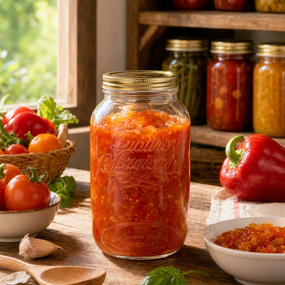 3800ml kulatá sklenice "Quattro Stagioni" s víčkem Quattro Stagioni 3800ml Rundglas mit Tomatensauce gefüllt neben frischen Tomaten und Paprika Einmachen Konservierung