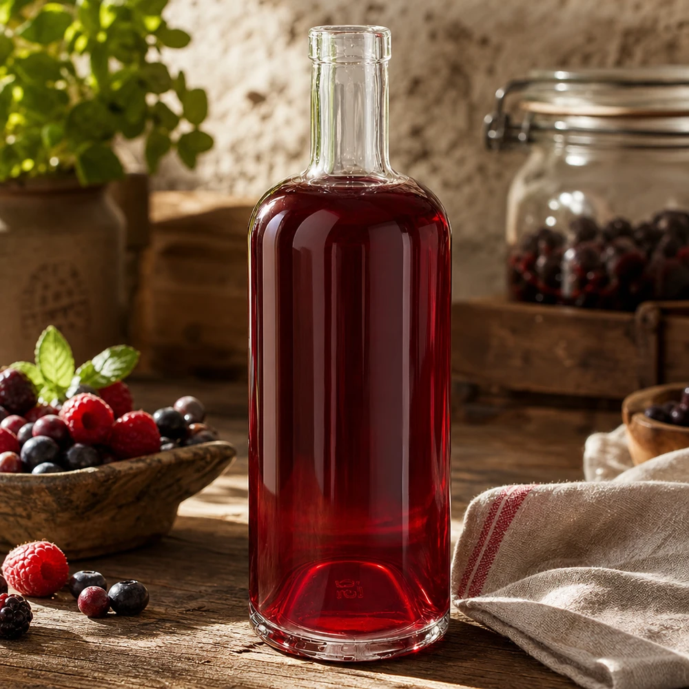 750ml Glasflasche Emma mit rotem Beerensaft gefüllt umgeben von frischen Beeren und rustikaler Küchendekoration