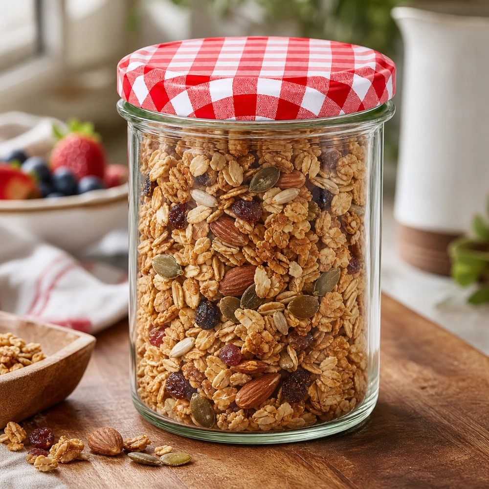 350ml kelímky + víčko BasicSeal červené/bílé UNiTWIST. Sturzglas 350ml mit Müsli gefüllt zeigt praktische Aufbewahrung, rot-weißer Deckel schützt Lebensmittel frisch