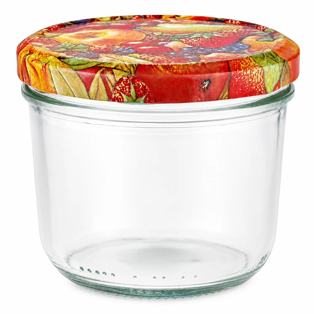 230ml kelímky + víčko BasicSeal s ovocným dekorem UNiTWIST. Leeres 230ml Sturzglas mit buntem Obst-Deckel BasicSeal für Marmelade und Einmachen