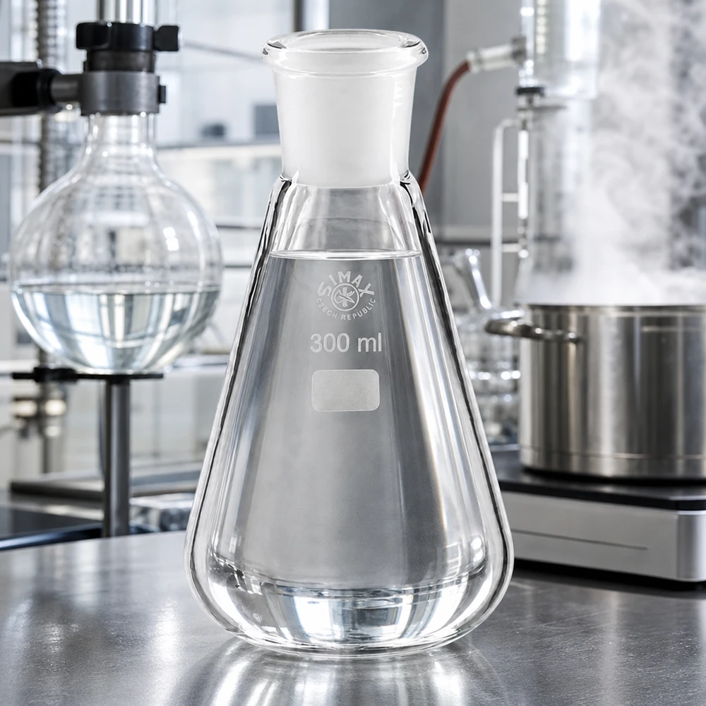 Erlenmeyerova baňka 300ml se standardním broušeným spojem (29/32) Erlenmeyerkolben 300ml mit dichtem Verschluss und Normschliff 29/32 für sichere Lagerung