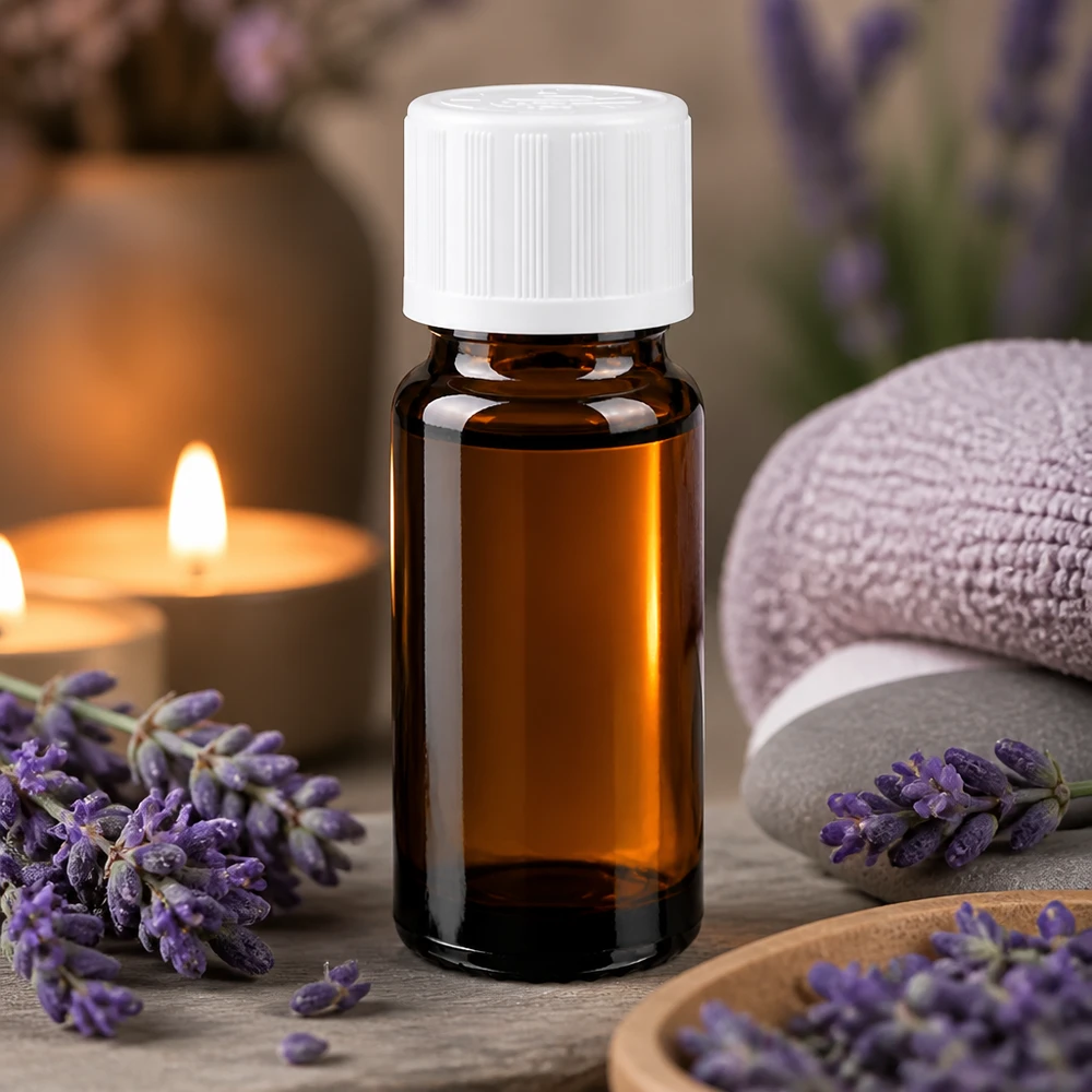 Lichtschützende braune Glasflasche 10ml mit kindersicherem Tropfverschluss in Aromatherapie-Umgebung