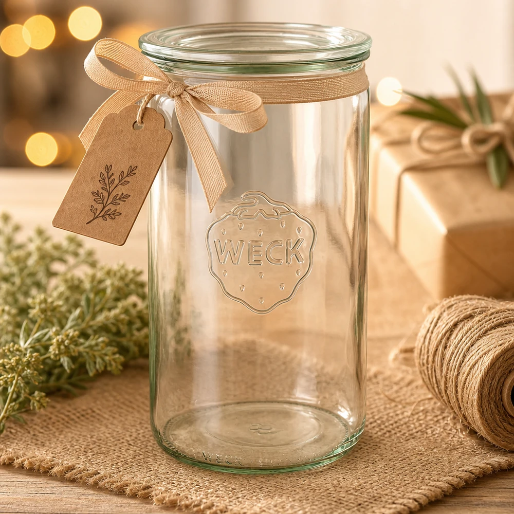 WECK Zylinderglas 1590ml RR100 leer mit braunem Geschenkband und Anhänger weihnachtlich dekoriert auf Holztisch