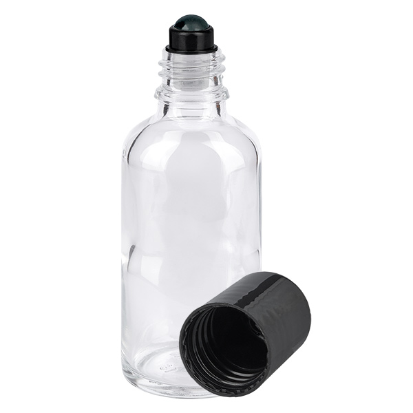 Lékárenská lahvička čirá 50ml roll-on uzávěr černá Lékárenská lahvička čirá 50ml roll-on uzávěr černá
