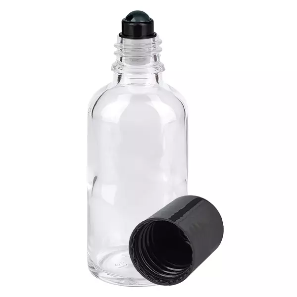 Lékárenská lahvička čirá 50ml roll-on uzávěr černá Lékárenská lahvička čirá 50ml roll-on uzávěr černá