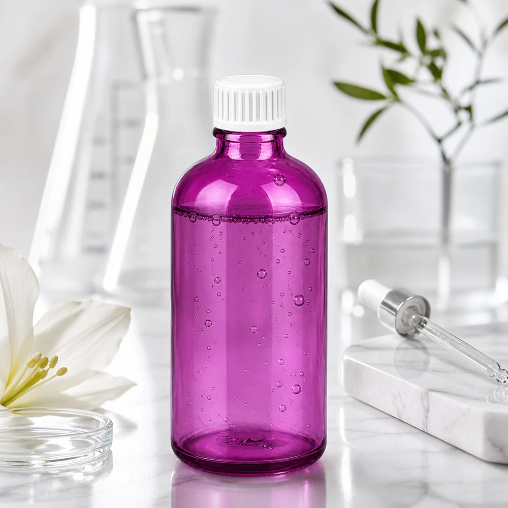 100ml (globulová) lahvička s 3mm nalévacím kroužkem bílá Standard PurpleLine. UT18/100 Kompakte 100ml Purple Glasflasche mit ergonomischem Design für den täglichen Gebrauch