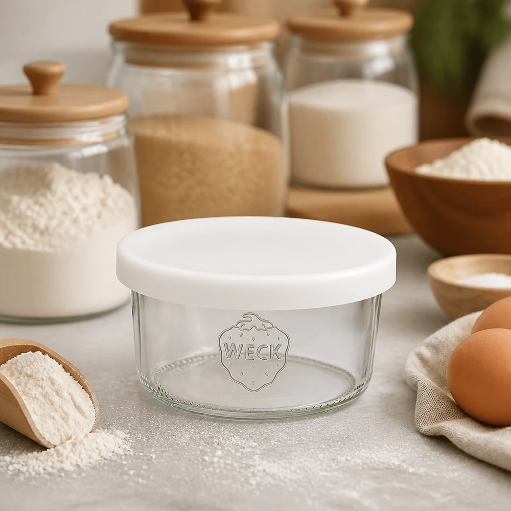 WECK Sturzglas 165ml RR80 mit weißem Silikondeckel in Küche zwischen Backzutaten Mehl Eiern und Vorratsgläsern