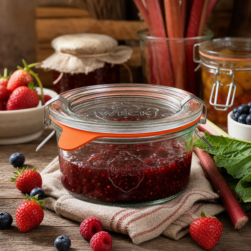 Kompletní 165ml tumble nádoby WECK RR80 s čerstvým freshem. WECK Sturzglas 165ml RR80 gefüllt mit Beerenmarmelade umgeben von frischen Erdbeeren und Heidelbeeren auf Holztisch