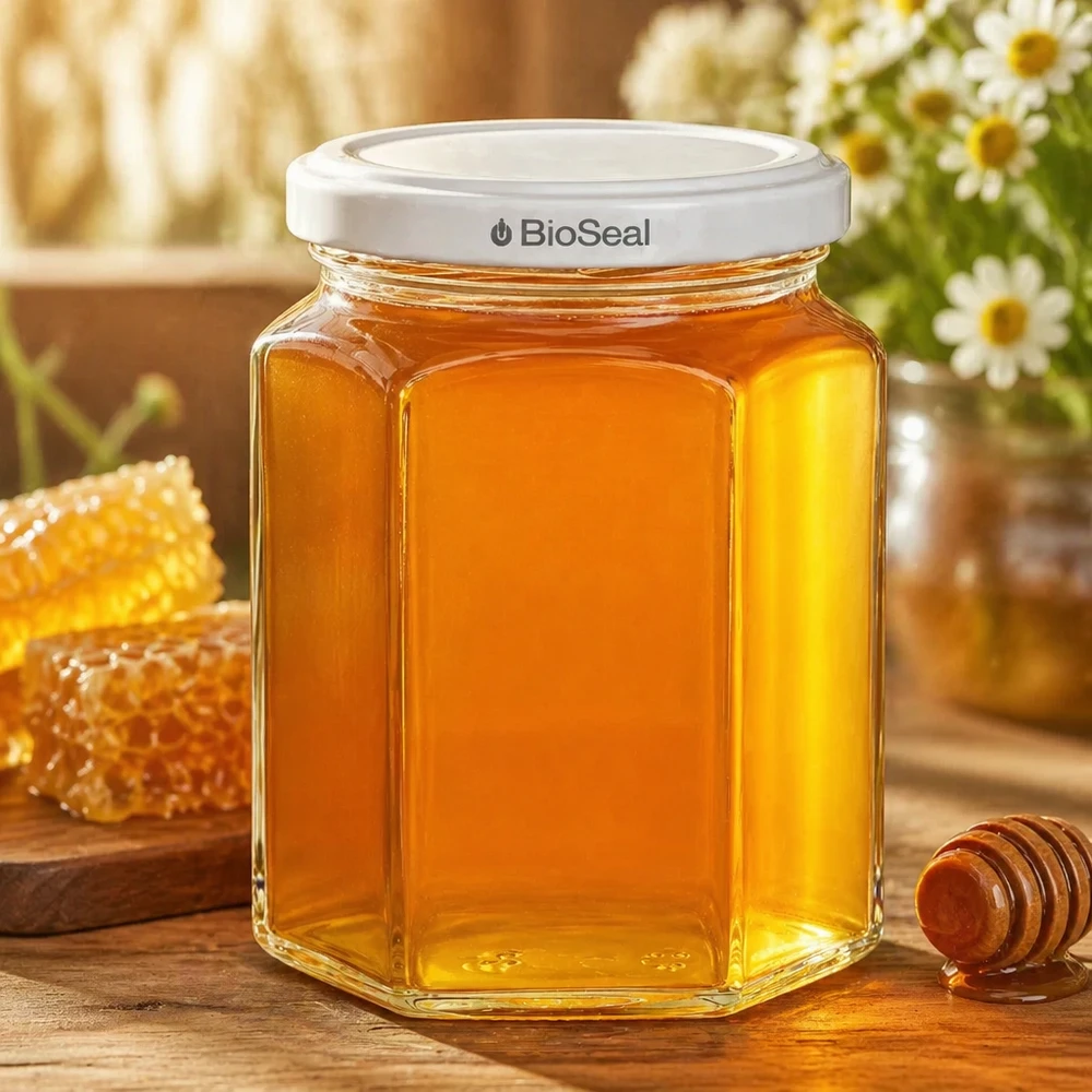Sklenice Hexa o objemu 288 ml s bílým víčkem BioSeal UNiTWIST UNiTWIST Hexa288 Honigglas mit goldenem Honig gefüllt neben Bienenwabe und Honiglöffel auf Holztisch