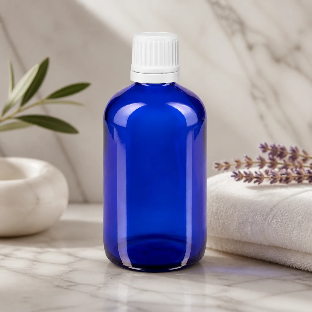 Professionelle blaue Apothekerflasche 100ml mit OV-Sicherheitsverschluss in Weiß