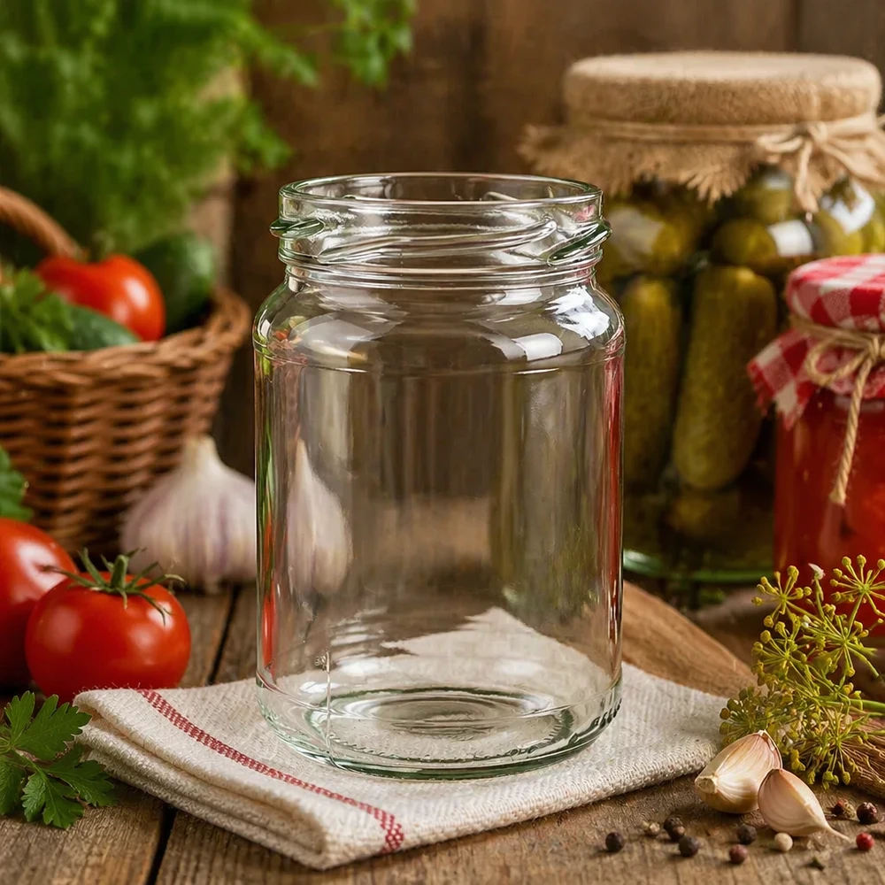 Kulatá sklenice o objemu 205 ml bez víčka (TO58) UNiTWIST UNiTWIST Runda205 Rundglas 205ml TO58 Einmachglas leer auf Küchentisch mit Gemüse und Kräutern im Hintergrund