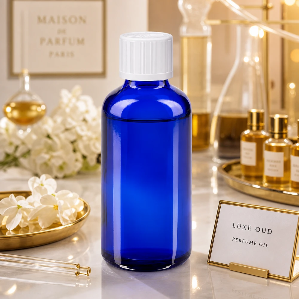 Blaue Apothekerflasche 50ml mit UV-Schutz-Glas und Kindersicherheitsverschluss in Weiß