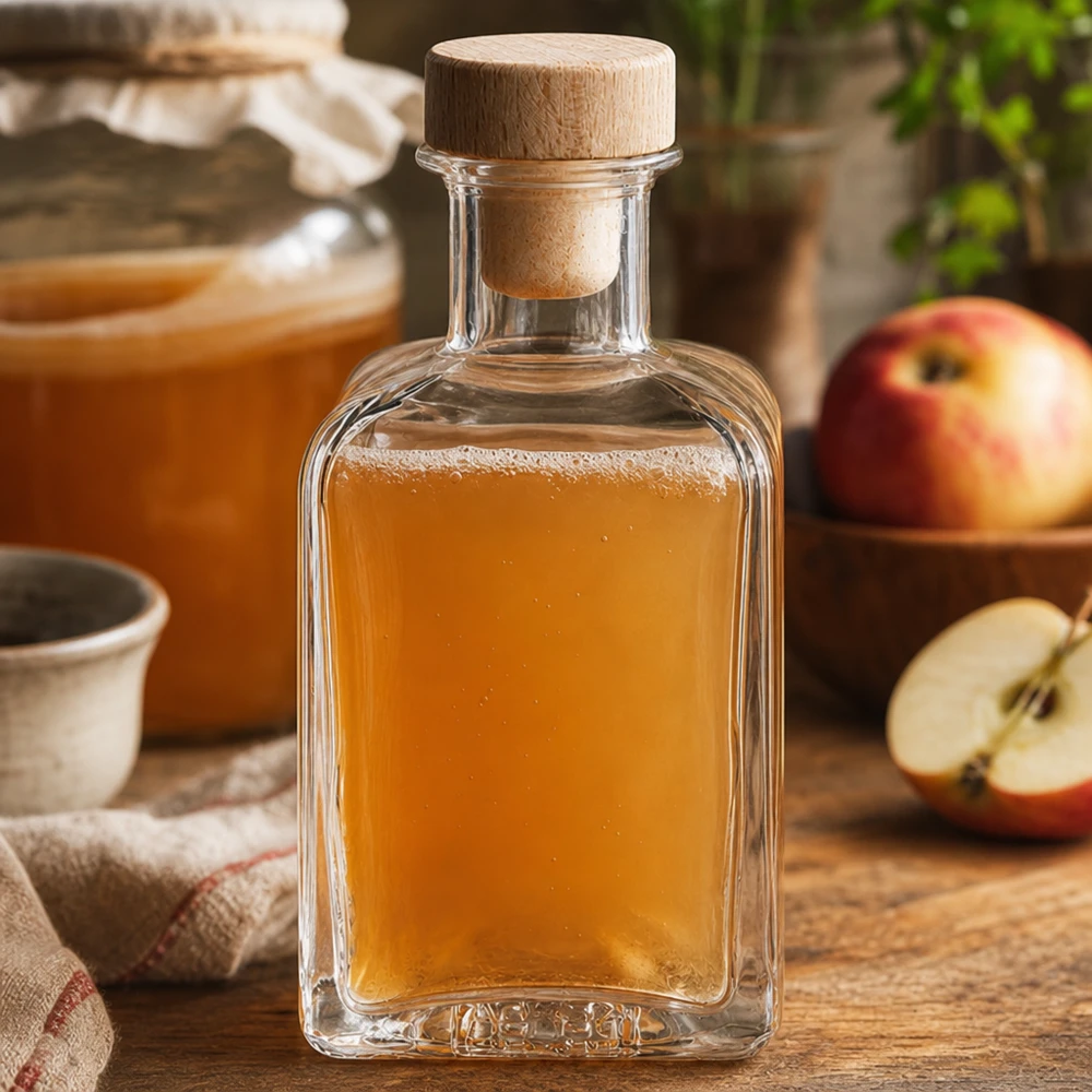 200ml Glasflasche Clara mit Apfelsaft befüllt Holzkorken Apfelscheiben rustikale Küche natürliche Säfte Dekoflasche