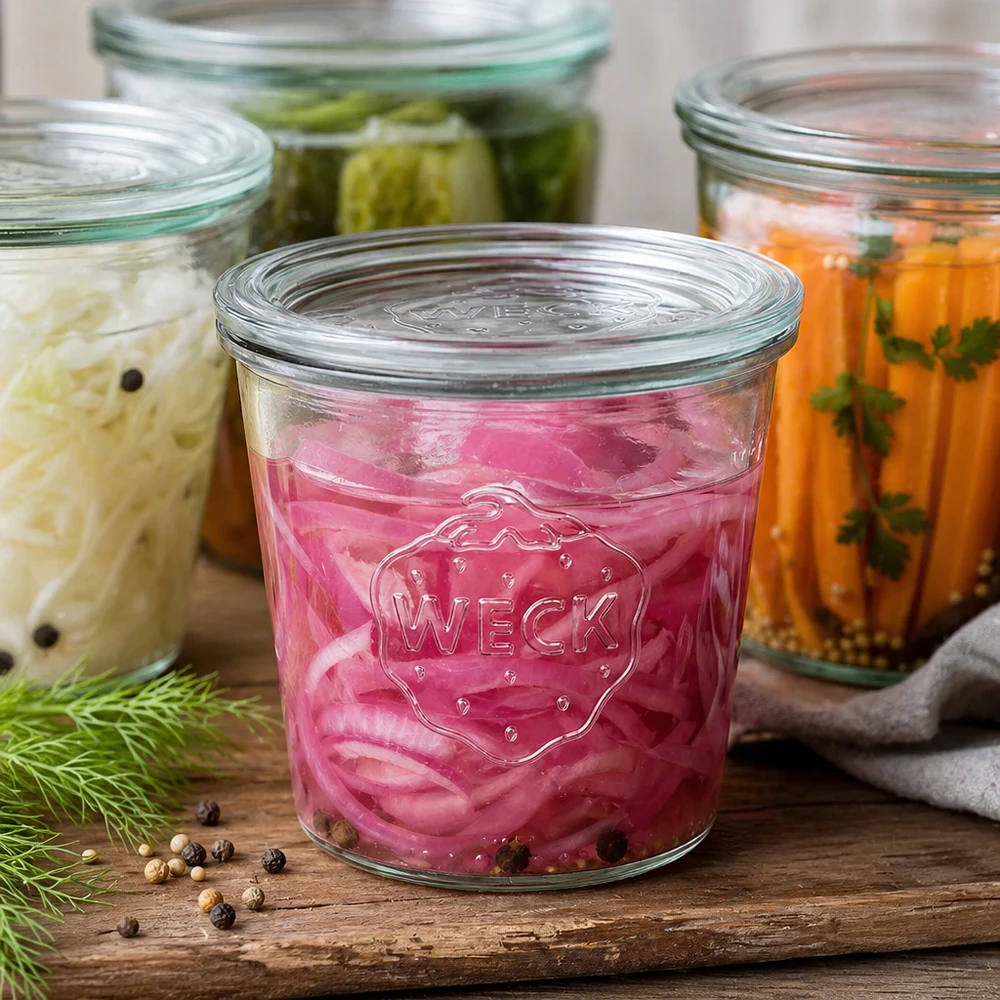 WECK Sturzglas 580ml mit eingelegtem Gemüse und Gewürzen gefüllt als Fermentierung Beispiel neben Dill